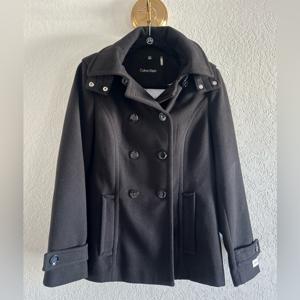 Calvin Klein Black Wool Blend Peacoat with Detachable Hood Size 6